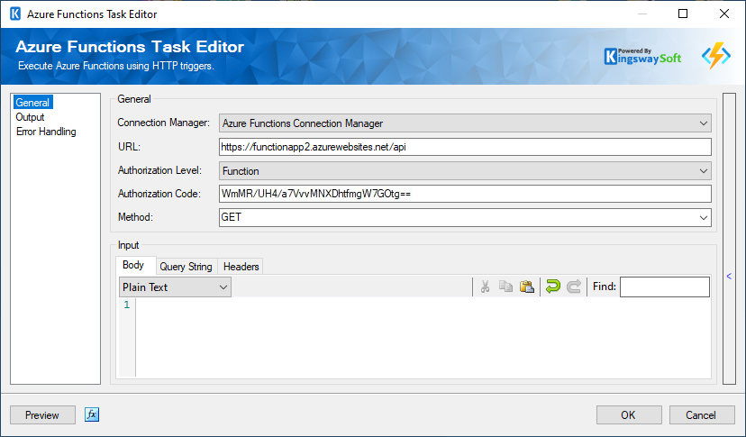 SSIS Azure Functions Task Editor - General